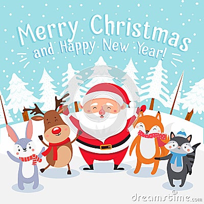 Merry Christmas cartoon greeting card. Happy xmas pets, Santa present gifts and winter holiday presents vector illustration Vector Illustration