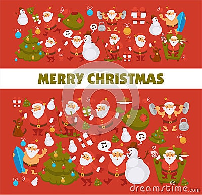 Merry Christmas Santa cartoon snowman and dog celebrating holiday skiing and surfing vector greeting card Vector Illustration