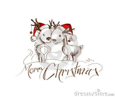 Merry Christmas! Cartoon Style Hand Sketchy drawing of couple of Vector Illustration