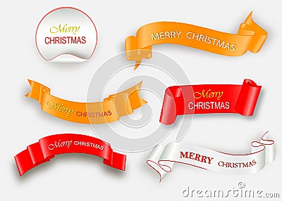 Merry Christmas celebration background with red realistic ribbon banner and snow. Vector Illustration