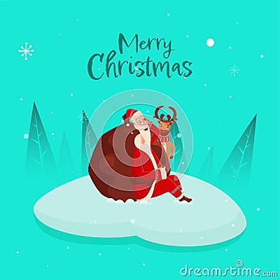 Merry Christmas Celebration Concept, Sleeping Santa Claus Near Heavy Bag And Funny Reindeer Standing On Cyan Snowfall Stock Photo