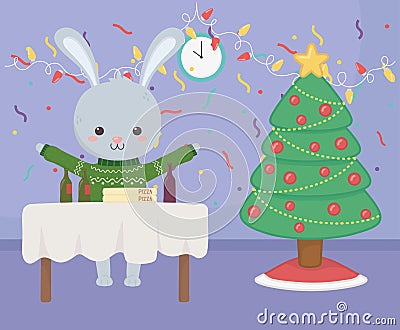 Merry christmas celebration cute rabbit with sweater tree pizza beer Vector Illustration