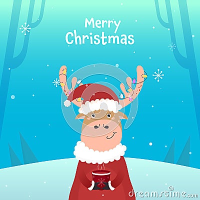 Merry Christmas Celebration Poster Design With Cartoon Reindeer Wearing Santa Hat And Enjoying Hot Beverage On Snowfall Stock Photo