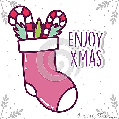 Merry christmas celebration sock and candy stickes peppermint Vector Illustration