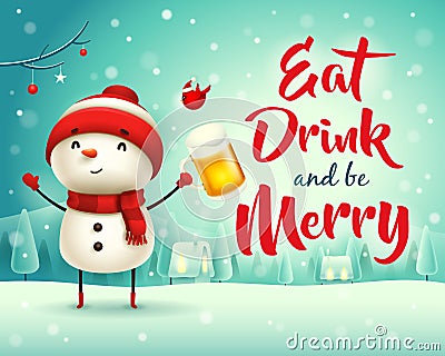 Merry Christmas! Cheerful snowman with beer in Christmas snow scene winter landscape Vector Illustration