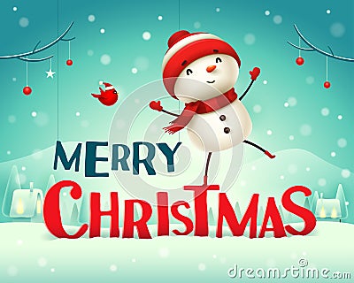 Merry Christmas! Cheerful snowman in Christmas snow scene winter landscape. Vector Illustration