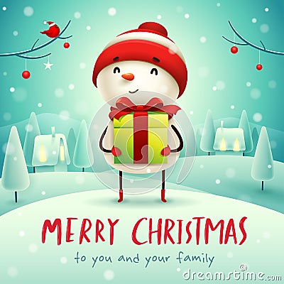 Merry Christmas! Cheerful snowman with gift present in Christmas snow scene winter landscape Vector Illustration