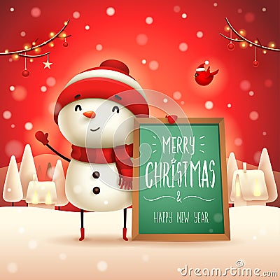 Merry Christmas! Cheerful snowman with message board in Christmas snow scene winter landscape. Vector Illustration