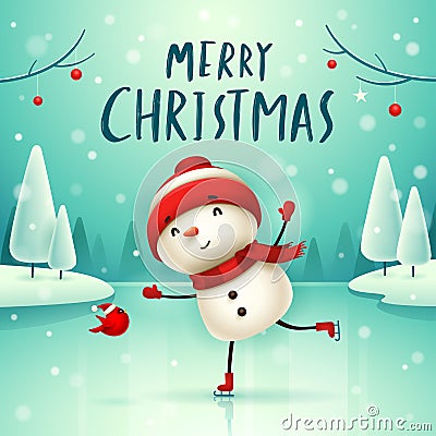 Merry Christmas! Cheerful snowman on skates in Christmas snow scene winter landscape Vector Illustration