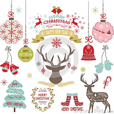 Merry Christmas,Christmas Flowers,Deer,Rustic Christmas,Christmas Tree,Christmas decoration set Vector Illustration