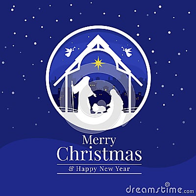 Merry christmas - Christmas the savior is born with Nightly christmas scenery mary and joseph in a manger with baby Jesus vector Vector Illustration