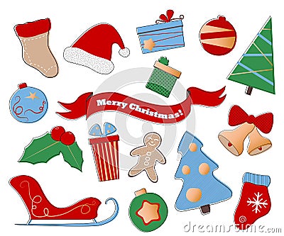 Merry Christmas clipart. Festive set of winter holiday icons on white background. Stock Photo