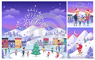 Merry Christmas. Collage of People on Holiday Vector Illustration