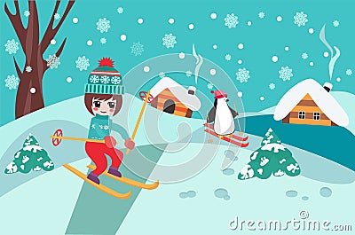 Merry Christmas collection background with cute chibi girl skiing and penguin.. Vector Illustration