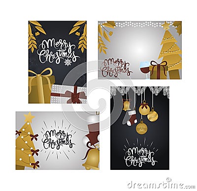 Merry christmas, collection cards with golden gift, tree, balls and stars Vector Illustration