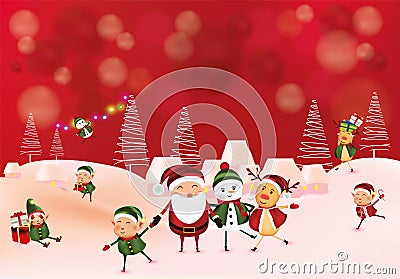 Merry Christmas. Collection of funny Cheerful snowman, little elves, Santa clause, reindeer.Holiday greeting card Vector Illustration