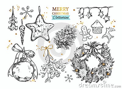 Merry Christmas collection with hand drawn illustrations . Vector Vector Illustration