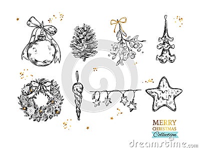 Merry Christmas collection with vector hand drawn illustrations . Christmas ball, Fir-tree cone, Mistletoe, Frozen Star, Lights, C Vector Illustration