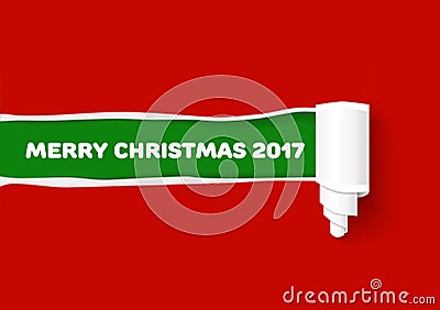 Merry Christmas colors illustration. New Year green torn edge template and paper roll with rough fringe. Hole in red cardbo Cartoon Illustration