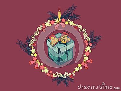 Merry christmas concept in flat style. Christmas tree, gift, Christmas wreath. Vector illustration.elements for a banner Vector Illustration