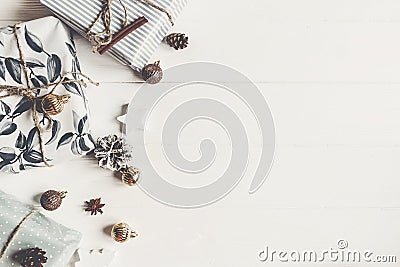 Merry christmas concept. stylish modern presents with ornaments Stock Photo