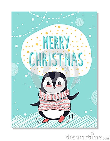 Merry Christmas Congratulation Bright Postcard Vector Illustration