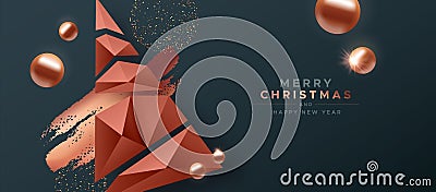 Merry Christmas copper low poly pine tree banner Vector Illustration