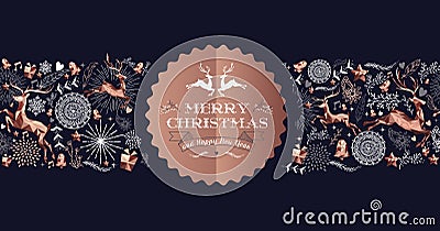 Merry Christmas copper luxury deer label card Vector Illustration