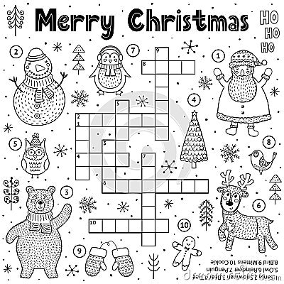 Merry Christmas crossword game for kids. Black and white educational activity page for coloring Vector Illustration