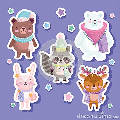 Merry christmas, cute bear rabbit reindeet raccoon animal stars, stickers Vector Illustration