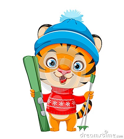 Merry Christmas. Cute cartoon character tiger Vector Illustration