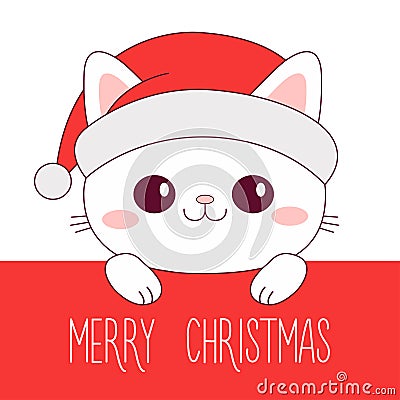 Merry Christmas. Cute cat. Red Santa Claus hat. White kitten. Contour line doodle pet. Smiling face, paws. Kawaii baby animal. Vector Illustration