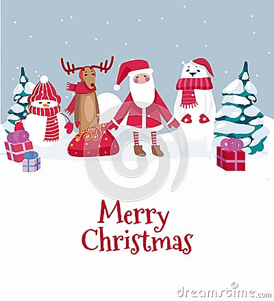 Merry Christmas cute greeting card with winter characters. Vector illustration Vector Illustration