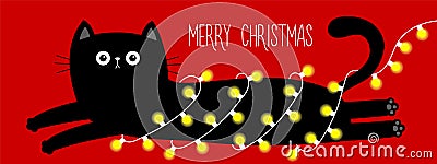 Merry Christmas. Cute lying cat. Christmas lights set. Lightbulb garland line fairy light. Kawaii cartoon baby character. Chilling Vector Illustration