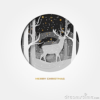 Merry Christmas 3d abstract paper cut illustration of deer in the forest snow. moon and stars in the night. Vector Vector Illustration