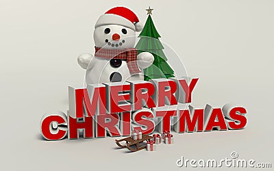 Merry Christmas 3d text, snowman,sled,and gift high resolution Stock Photo