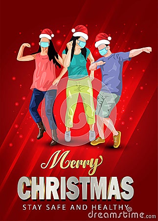 Merry christmas Dance Night Party Flyer design with group of people dancing with santa hand and wearing surgical mask. coronavirus Vector Illustration