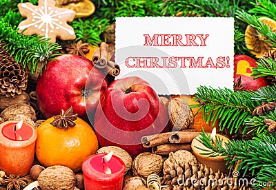 Merry Christmas! Decoration candles fruits cookies Stock Photo