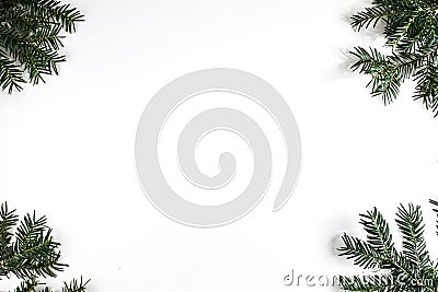 FIR BRANCH AND CHRISTMAS DECOR ORNAMENT IN FRAME Stock Photo