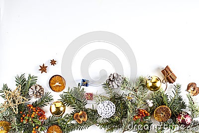 FIR BRANCH AND MANY CHRISTMAS DECOR ORNAMENT IN LINE Stock Photo