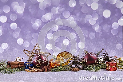 BEAUTYFUL CHRISTMAS DECOR ORNAMENT. VIOLET BOKEH BACKGROUND Stock Photo