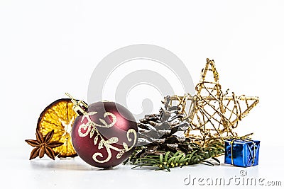 ISOLATED BEAUTYFUL CHRISTMAS DECOR ORNAMENTS ON WHITE BACKGROUND Stock Photo