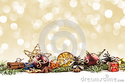 BEAUTYFUL CHRISTMAS DECOR ORNAMENT. GOLDEN BOKEH BACKGROUND Stock Photo