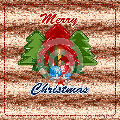 Merry Christmas, design background with sewing fabric Christmas tree and Candle light Vector Illustration