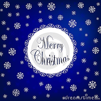 Merry Christmas design with beautiful various snowflakes. Vector logo, typography in blue. Usable as banner, greeting card, gift Vector Illustration