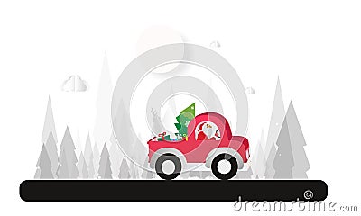 Merry Christmas design card with Santa Claus driving red car on snowy hills and white background. Vector paper art illustration. Vector Illustration