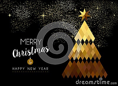 Merry Christmas design of gold low poly pine tree Vector Illustration