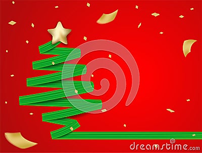 Merry Christmas. Design with green ribbon form christmas tree and gold foil confetti on red background. Vector Illustration