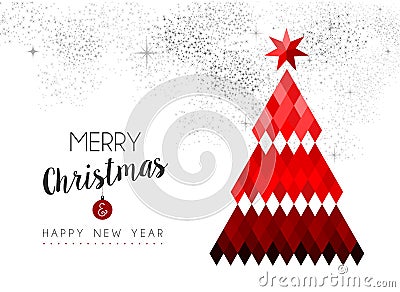 Merry Christmas design of red low poly pine tree Vector Illustration