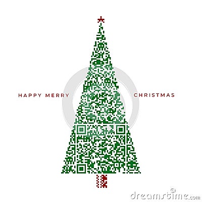 Merry Christmas design with Christmas tree made from scan QR code pattern. Vector Vector Illustration